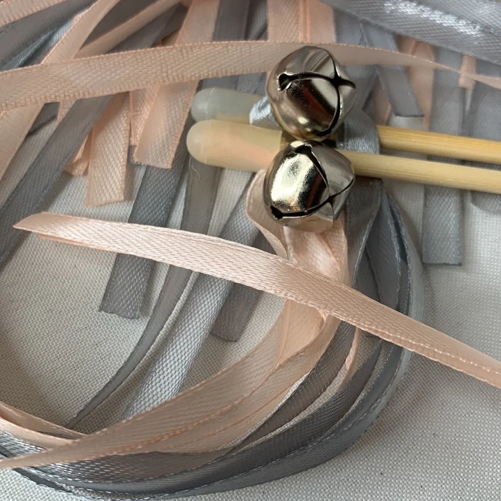 Set of 29 peachy pink and gray FAIRY WANDS / wedding ribbon streamers with bells